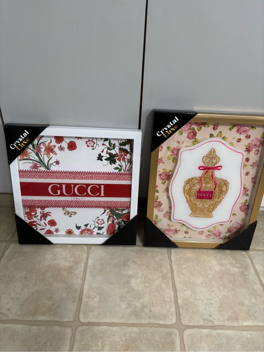 Brand new 2 Gucci Floral Red and Gold Framed Wall Art Pair